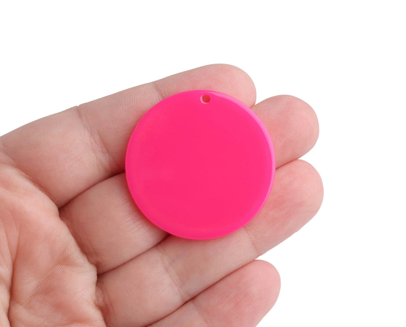 4 Neon Pink Charms, 35mm, 1 Hole, Acrylic Beads, Big Round Blanks, Flat Circle Discs