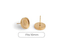 4 Gold Bezel Stud Earring Settings, Shallow Base Tray, Ear Stud Posts, Round Cups, Gold Tone Stainless Steel, Fits 10mm