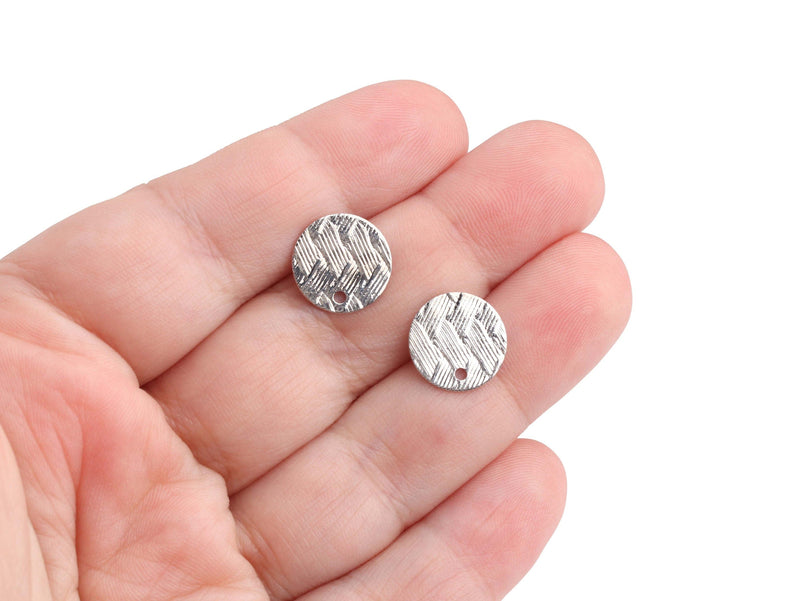 4 Silver Earring Studs with Woven Texture, 12mm, 1 Hole, Metal, Basket Weave Texture
