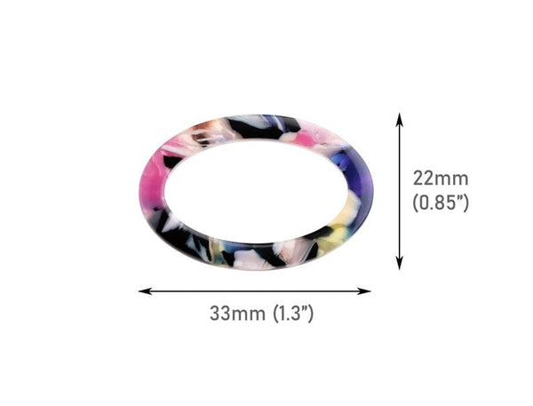 4 Multicolored Oval Ring Connectors, Undrilled, Rainbow Beads, Macrame Loops, Acetate Plastic, 33 x 22mm