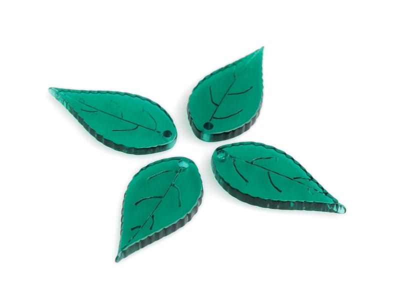 4 Forest Green Leaf Charms, 1 Hole, Engraved, Ribbed Edge, Transparent Acrylic, 27.5 x 13.5mm