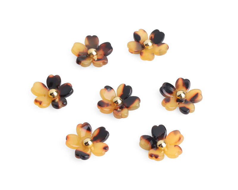 4 Small Flower Flatbacks in Tortoise Shell with Gold Middles, 18mm, Undrilled, Cute Cabochons