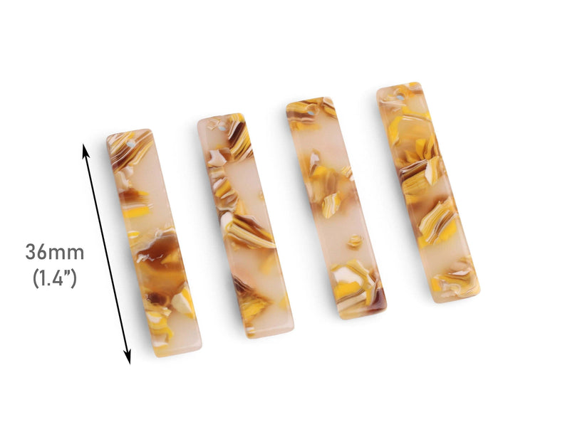 4 Rectangle Bar Charms in Toffee, 36 x 7.5mm, 1 Hole, Plastic Yellow Beads, Translucent