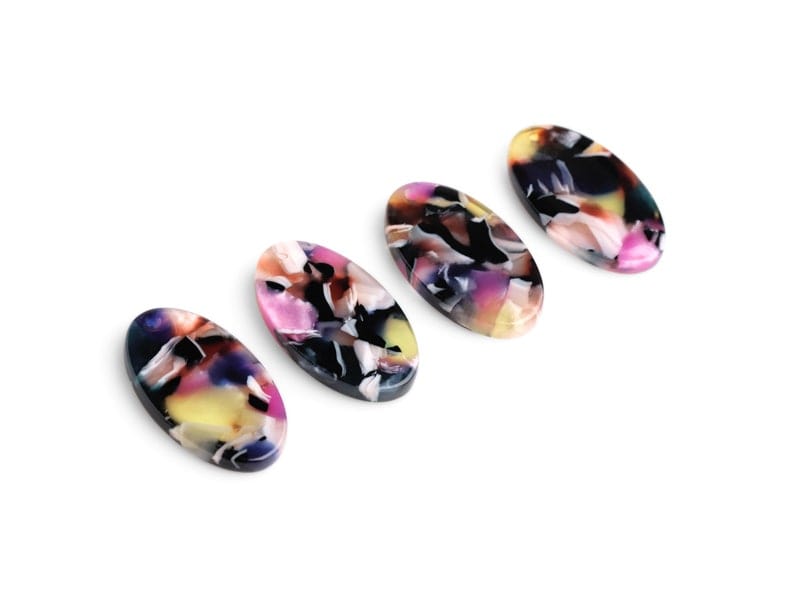 4 Oval Charm Beads in Rainbow Multicolored, 1 Hole, Plastic Round Discs, Cellulose Acetate, 25 x 14.5mm