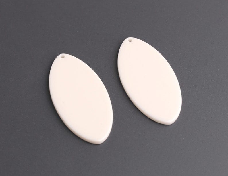 4 Bone White Oval Charms, 1 Hole, Flat Round Discs, Ivory Colored Tags for Earrings and Keychain, 44 x 21.5mm