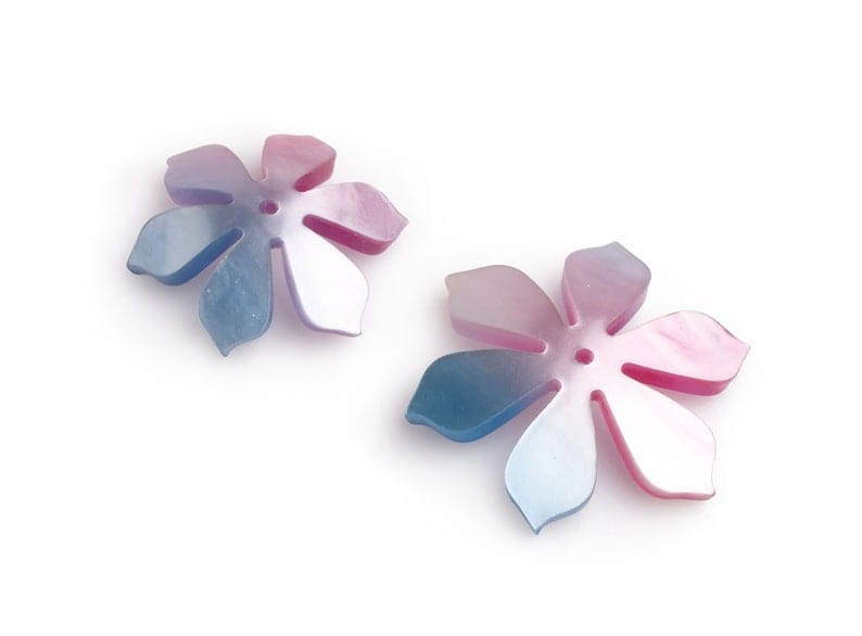 2 Lotus Flower Beads, Includes 1 Small and 1 Large, Glitter Acrylic Flower Beads in Purple and Blue, Two Tone Gradients, 1.5" Inch