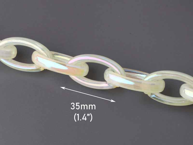 1ft Iridescent Pale Yellow Acrylic Chain Links, 35 x 20mm, Translucent Yellow Plastic Chain, Thick Oval Cable