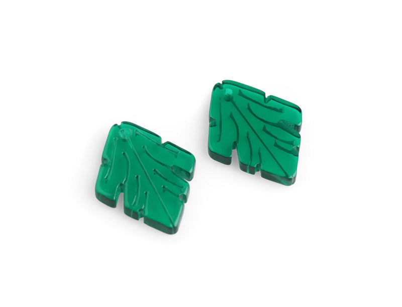 2 Forest Green Leaf Beads, 1 x 0.75", 1 Hole, Transparent Green Acrylic Charms, Engraved