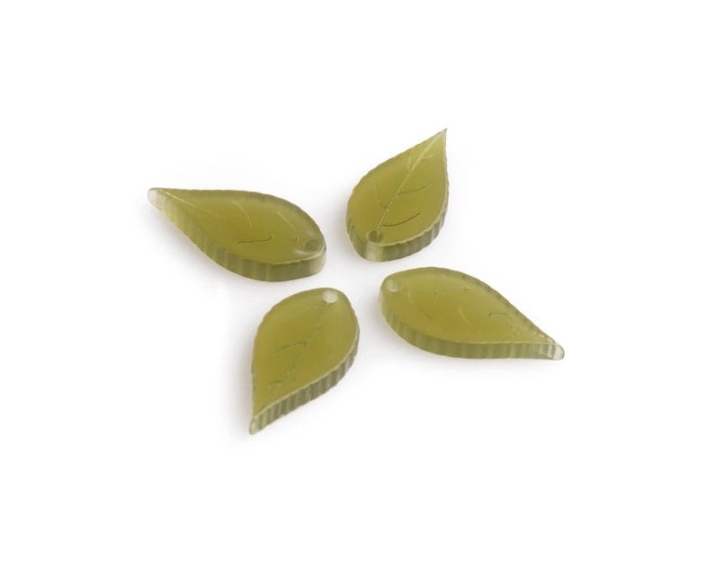 4 Tiny Olive Green Leaf Charms, 1 Hole, Engraved, Ribbed Edge, Transparent Acrylic Beads, 17.5 x 8.5mm