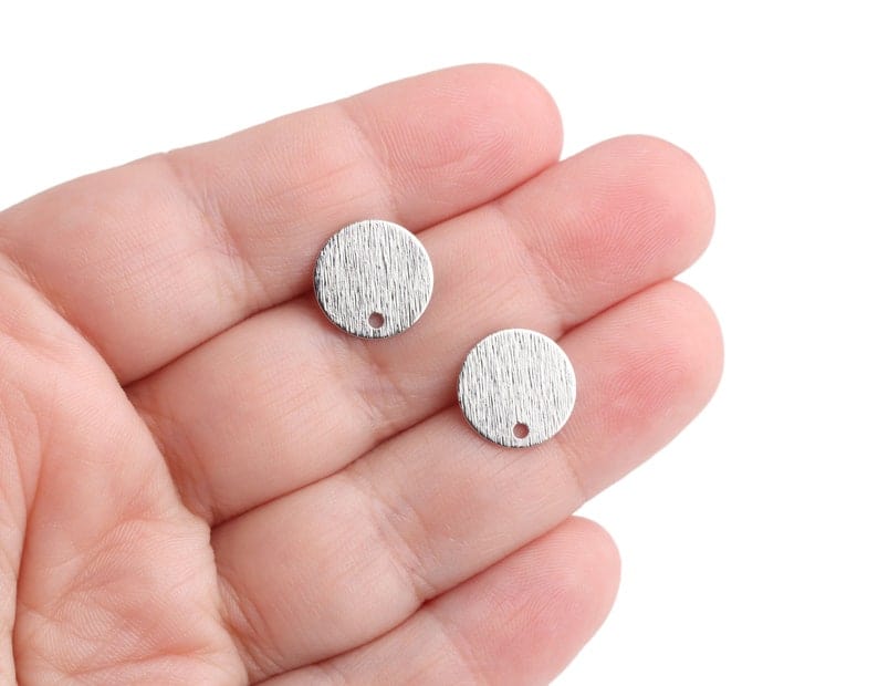 4 Small Silver Stud Earring Blanks with Brushed Metal, Textured, Flat Round Circle Discs with Posts, Simple Ear Stud Base, 12mm