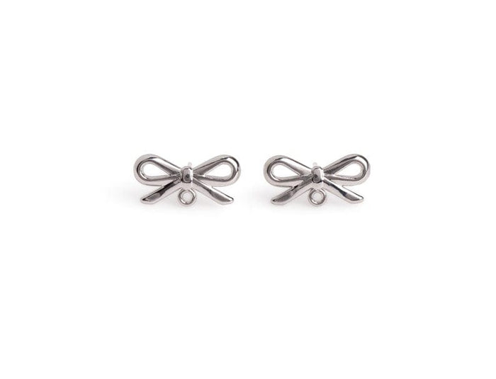 4 Silver Bow Tie Stud Earrings with Loop, Silver Tone Metal Bowties, K