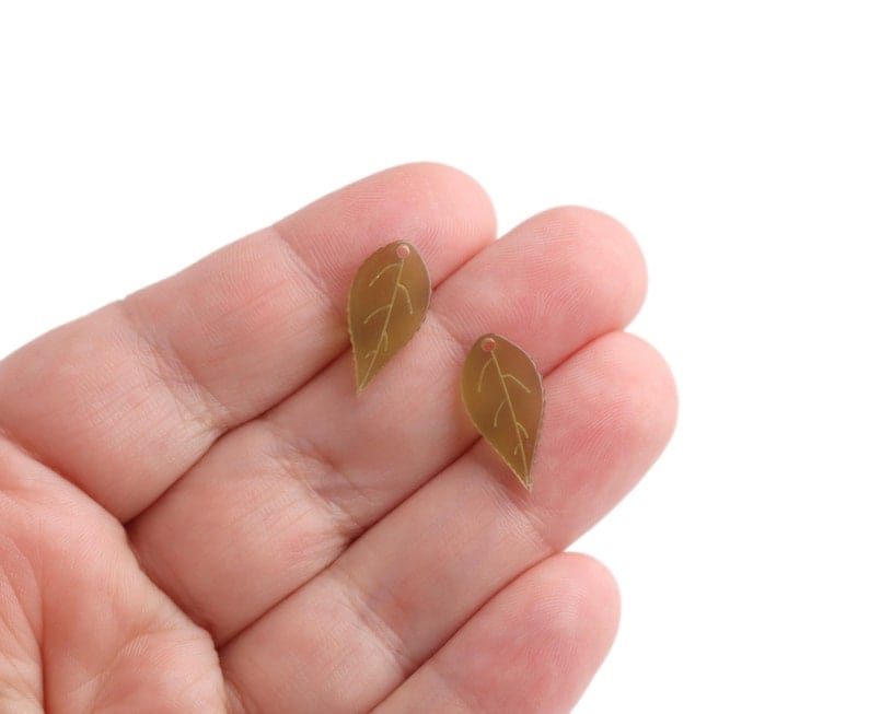 4 Tiny Olive Green Leaf Charms, 1 Hole, Engraved, Ribbed Edge, Transparent Acrylic Beads, 17.5 x 8.5mm