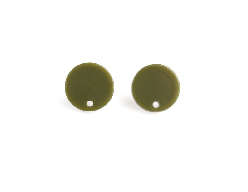 4 Olive Green Ear Studs with Hole, Metal Posts, DIY Earring Crafts and Jewelry, Acrylic, 14mm