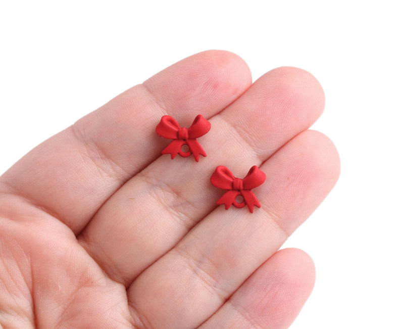 4 Matte Red Mini Bow Stud Earrings with Loop, Metal, Small Ear Studs with Hole, Tiny Bowtie, 12.5 x 10mm