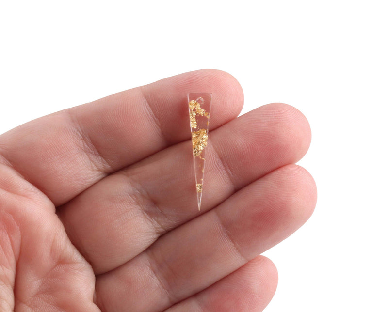 4 Clear Acrylic Spike Charms with Gold Foil Flakes, 28.5 x 6mm, Tiny Earring Blanks with 1 Hole