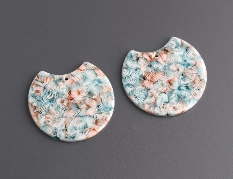 2 Semi Circle Pendants with Blue and Coral Orange Floral Patterns, 36.5 x 33.5mm, 1 Hole Large Plastic Beads