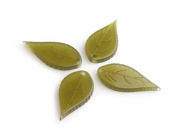4 Olive Green Leaf Charms, 1 Hole, Engraved, Ribbed Edge, Transparent Acrylic Leaf Beafs, 27.5 x 13.5mm