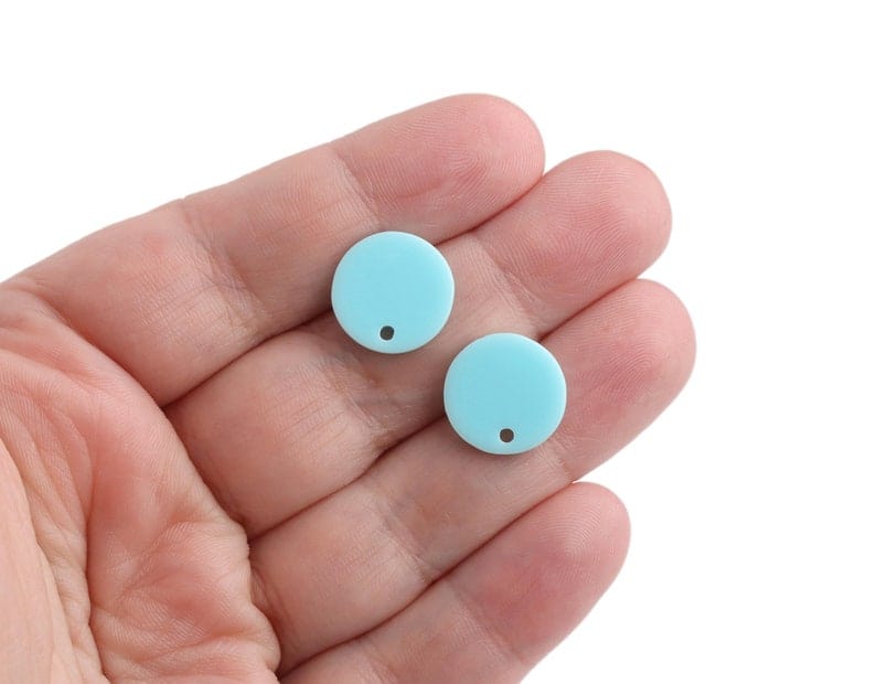 4 Light Sky Blue Stud Earrings with Holes, Small Flat Round Circle Ear Studs with Posts, Acrylic, 14mm