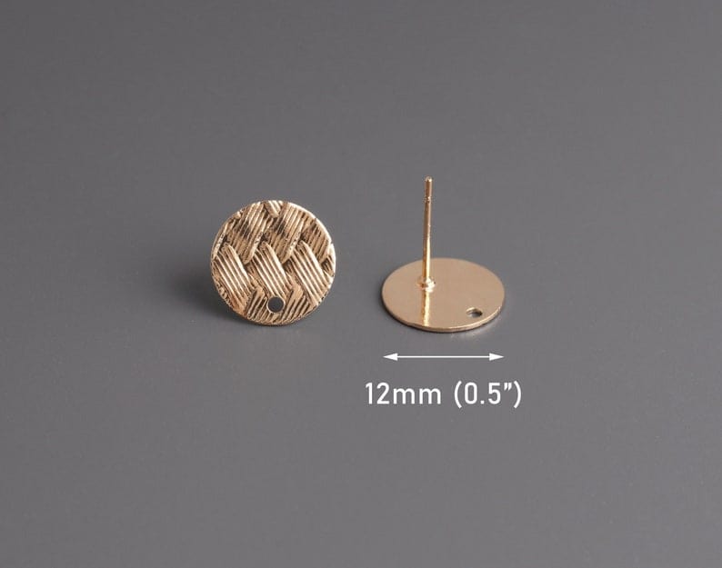 4 Gold Earring Studs with Woven Texture, Basket Weave, Small Ear Stud Base with Post, Stamped Metal Alloy, 12mm