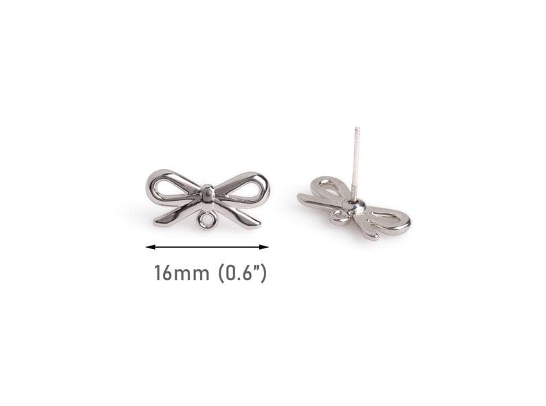 4 Silver Bow Tie Stud Earrings with Loop, Silver Tone Metal Bowties, Kawaii Stud Earring Parts, 16 x 7.5mm