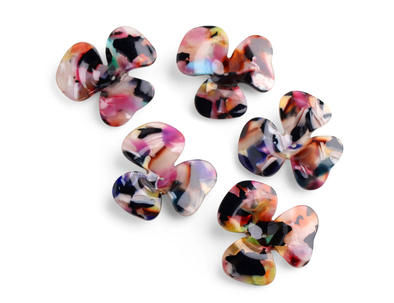 2 Big Flower Beads in Rainbow Colors, 33.5mm, 1 Hole, Multicolored Beads, Super Chunky Cabochons
