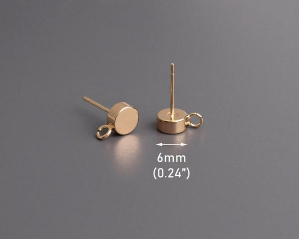 4 Tiny Gold Stud Earrings with Loop, Shiny Mirror Finish, Small Round Circles Ear Stud Base, Gold Plated Metal, 6mm