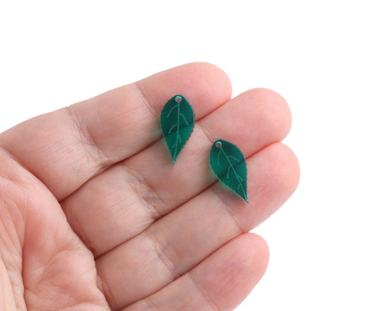 4 Tiny Forest Green Leaf Charms, 1 Hole, Engraved, Small Floral Beads, Transparent Acrylic, 17.5 x 8.5mm