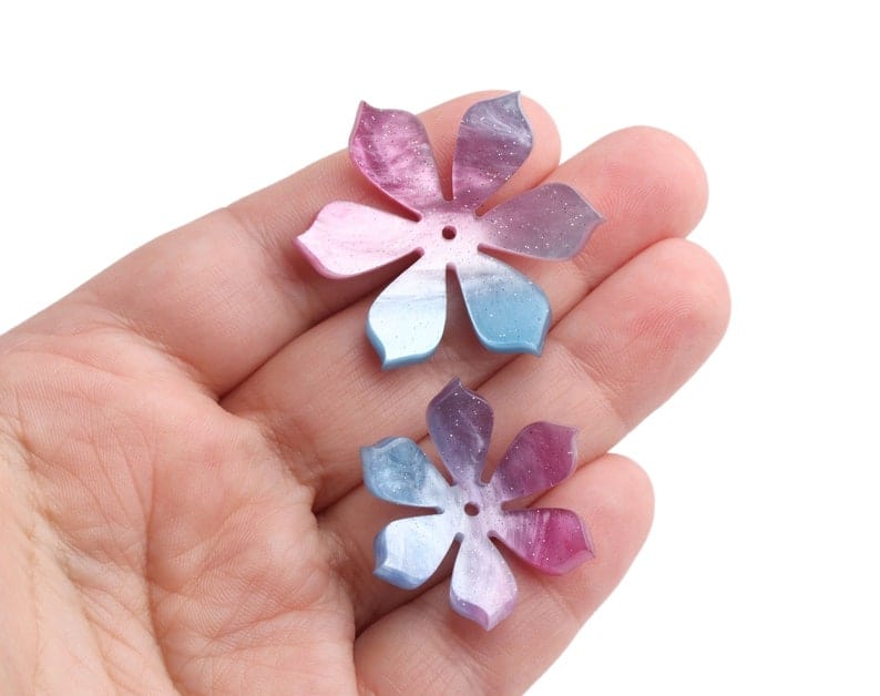 2 Lotus Flower Beads, Includes 1 Small and 1 Large, Glitter Acrylic Flower Beads in Purple and Blue, Two Tone Gradients, 1.5" Inch