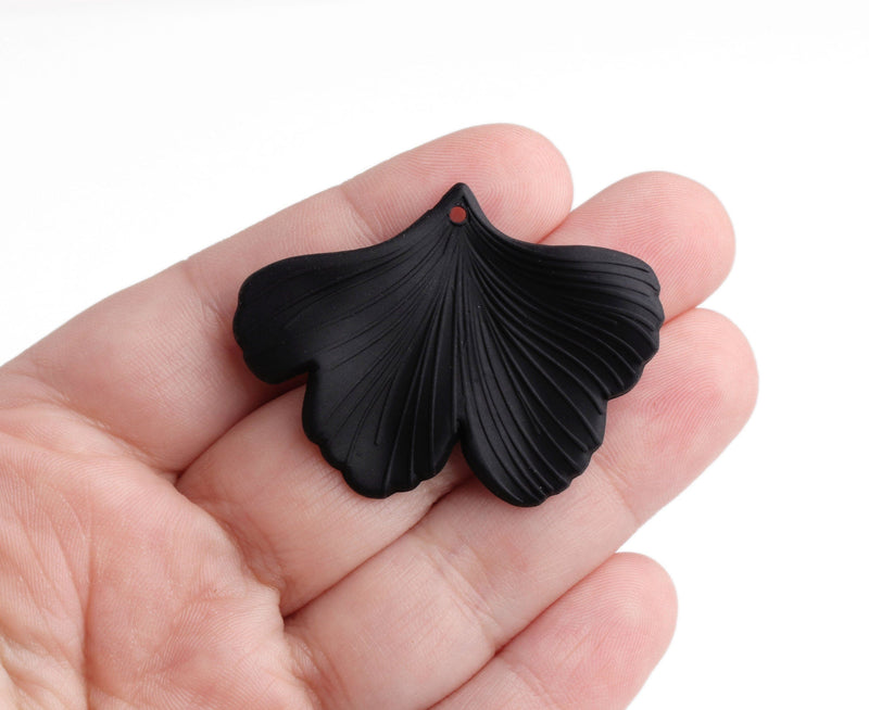 2 Matte Black Gingko Leaf Charms, Acrylic Floral Beads, Necklace Pendants, Dark Plastic, Cute E-Girl and Nu Goth, 1.75 Inch