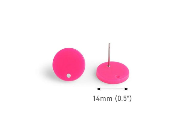 4 Neon Pink Earring Blanks, 1 Hole, Hot Pink Colored, Acrylic Earring Post, Circle Earring Findings, 14mm