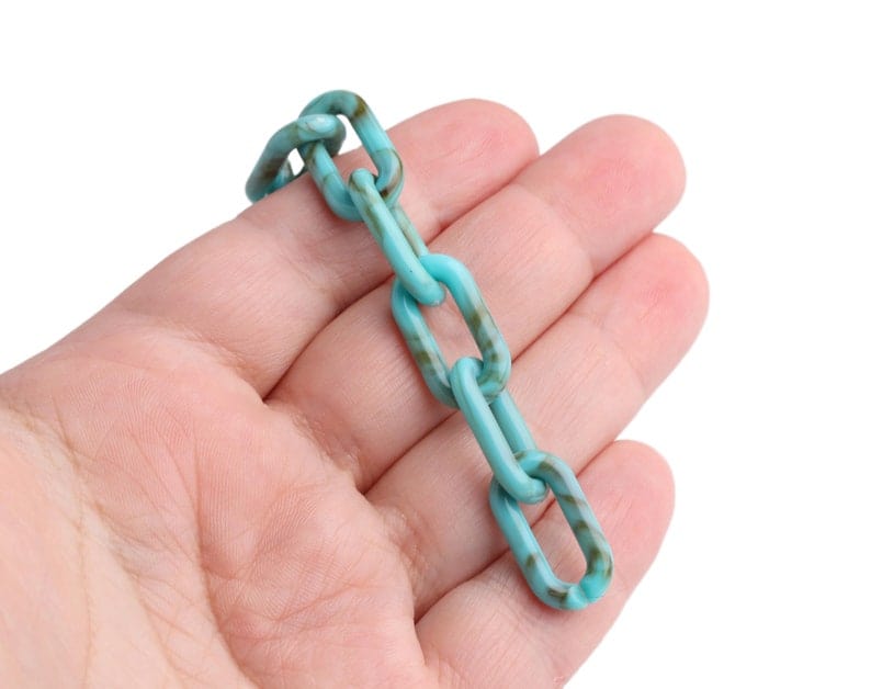 1ft Small Turquoise Green Acrylic Chain Links, 20mm, Paperclip, Marble Effect