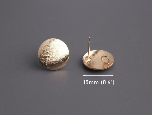 4 Gold Brushed Stud Earrings with Hidden Loop, Metal Alloy, Textured, Domed Circle Studs for Jewelry Making, 15mm
