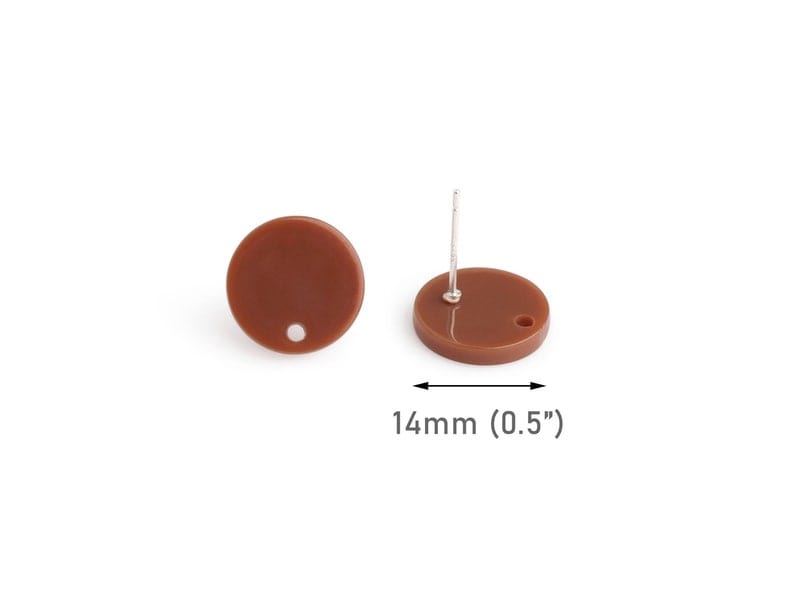 4 Dark Brown Stud Earrings with 1 Hole, Small Round Flat Circle Ear Studs with Posts, Acrylic, 14mm
