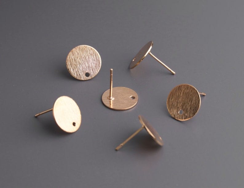 4 Small Gold Stud Earring Blanks with Brushed Metal, Tiny Round Circle Discs, Jewelry Making, 12mm