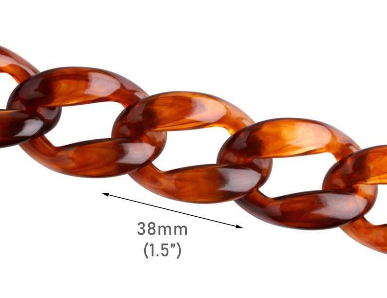 1ft Cognac Brown Large Acrylic Chain Links, 38mm, Amber Tortoise Shell, For Bracelets