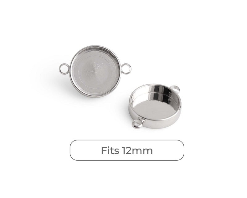 4 Round Bezel Connectors in Silver Plated, Fits 12mm Cabochons, 2 Loop Holes, Metal, Deep Bezel Cup Setting