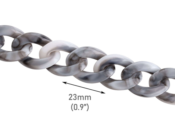 1ft Grey Acrylic Chain Links with White Marbling, 23 x 17mm, Oval Curb Twists, Marbled Plastic Chain