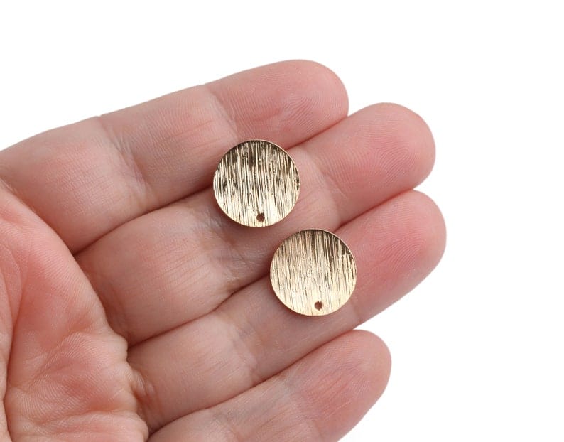 4 Gold Brushed Stud Earrings with Hole, Round Circle with Posts, Brush Stroke Metal, 14mm