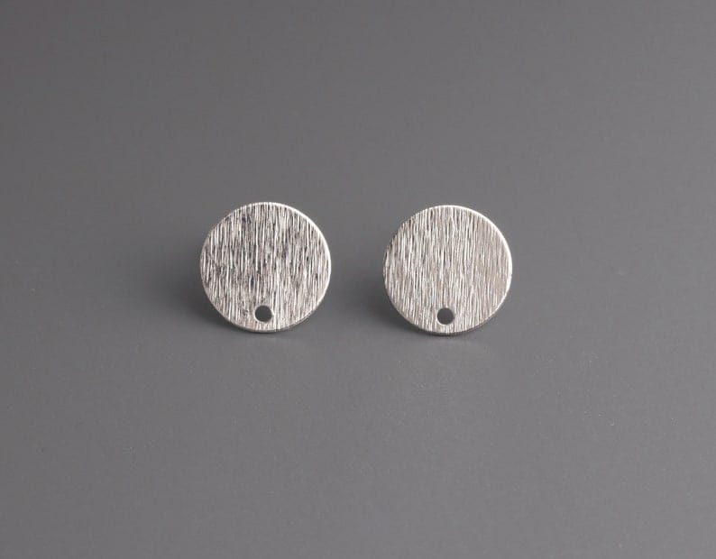 4 Small Silver Stud Earring Blanks with Brushed Metal, Textured, Flat Round Circle Discs with Posts, Simple Ear Stud Base, 12mm