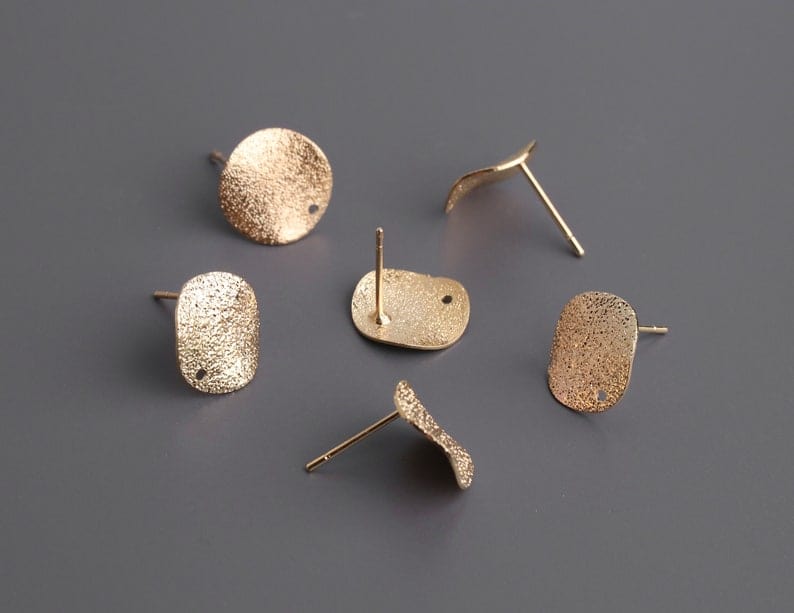 4 Gold Earring Studs with Stardust Finish, Small Wavy Ear Studs, Organic Round Circles with Posts, Metal, 12mm