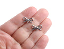 4 Silver Bow Tie Stud Earrings with Loop, Silver Tone Metal Bowties, Kawaii Stud Earring Parts, 16 x 7.5mm