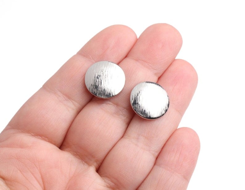 4 Silver Brushed Stud Earrings with Hidden Loop, Textured Metal Alloy, Domed Circle Ear Studs, 15mm