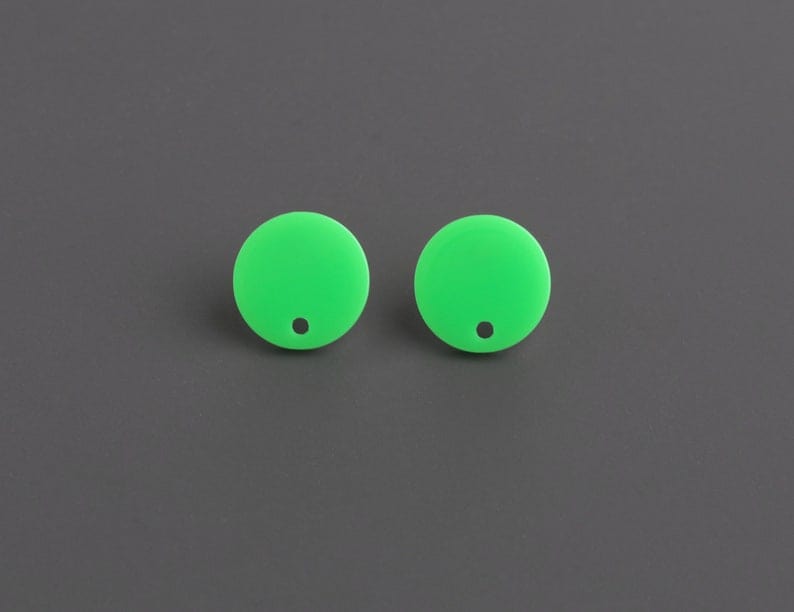 4 Neon Green Earring Blanks, 14mm, 1 Hole, Acrylic Earring Posts, Round Circle Studs, Plastic, 14mm