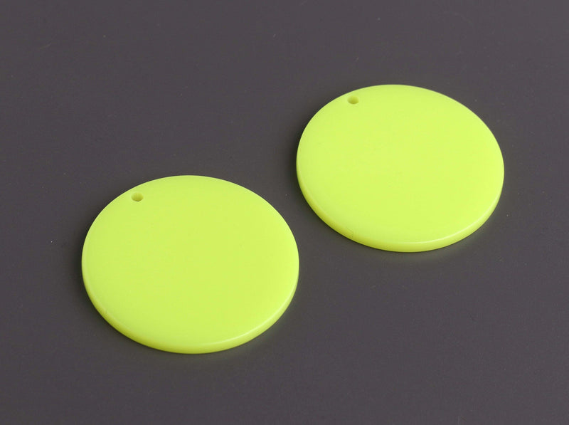 4 Neon Yellow Charms, 35mm, 1 Hole, Acrylic Beads, Big Round Disc Charms