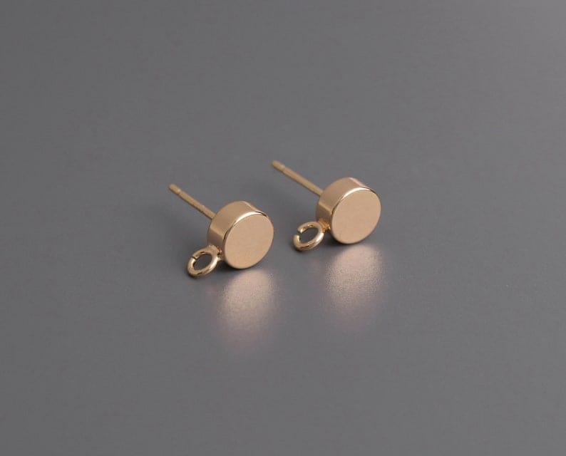 4 Tiny Gold Stud Earrings with Loop, Shiny Mirror Finish, Small Round Circles Ear Stud Base, Gold Plated Metal, 6mm