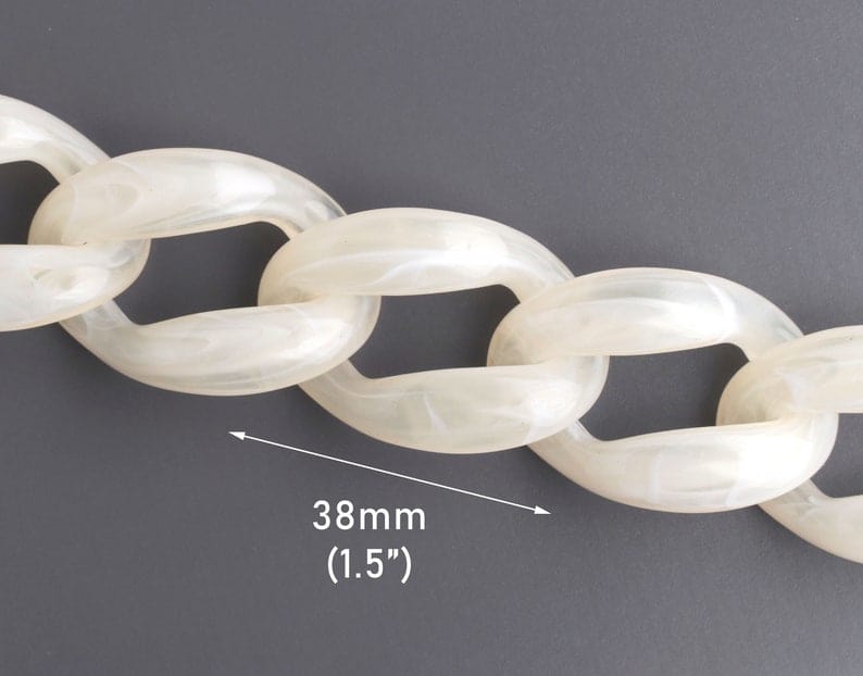 1ft Extra Large Ivory Acrylic Chain Links, 35mm, Translucent, Raised Curb Chain