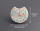 2 Semi Circle Pendants with Blue and Coral Orange Floral Patterns, 36.5 x 33.5mm, 1 Hole Large Plastic Beads