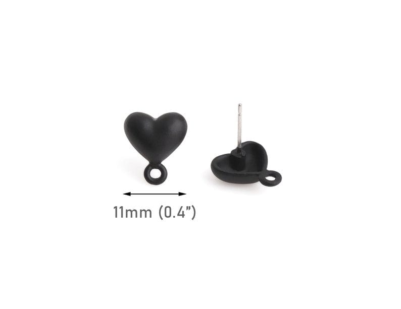 4 Matte Black Heart Ear Studs with Loop, Tiny Puffed Heart Earring Stud Findings, Metal Alloy, 0.5" Inch