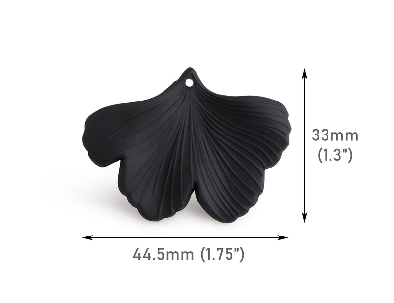 2 Matte Black Gingko Leaf Charms, Acrylic Floral Beads, Necklace Pendants, Dark Plastic, Cute E-Girl and Nu Goth, 1.75 Inch