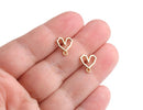 4 Gold Heart Stud Earrings with Loop, 10.5 x 10mm, Geometric Heart Outline, Metal Alloy